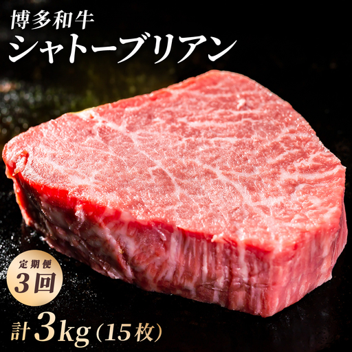 ＜3回定期便＞【博多和牛】ヒレ シャトーブリアン 200g×5枚 (ダイヤモンドカットで希少部位を堪能)【HD046】