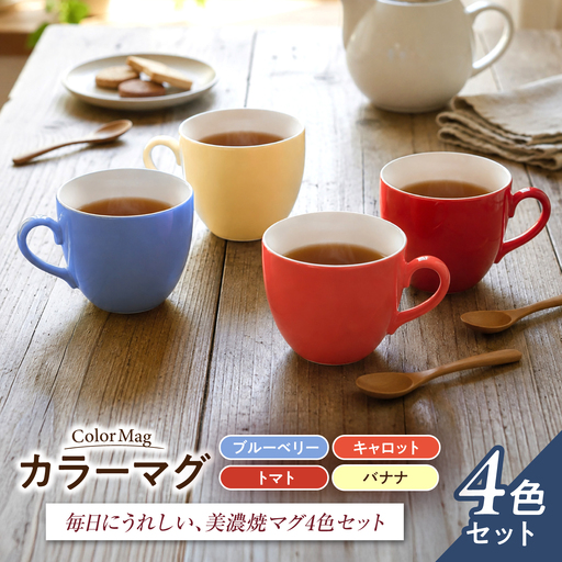 [美濃焼] カラーマグ 4色セット ブルーベリー、キャロット、トマト、バナナ [ZERO JAPAN]