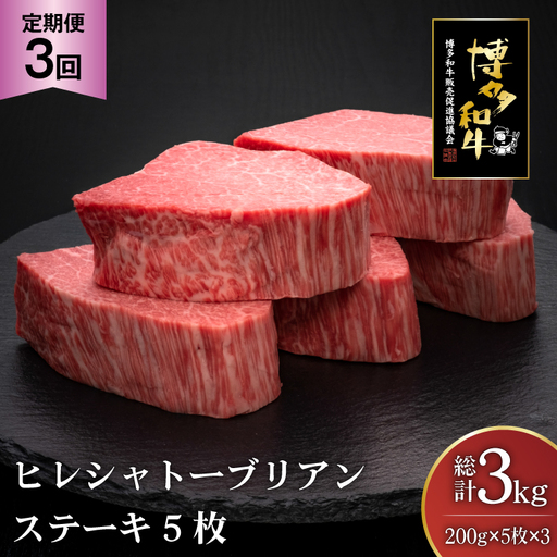 肉 博多和牛 ヒレ シャトーブリアンステーキ 200g 5枚 計 1kg 3回 定期便 総計 3kg