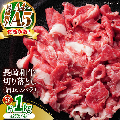 【訳あり】【A4～A5】長崎和牛切り落とし 1kg(250g×4p)/ 牛肉 ぎゅう肉 和牛 / 南島原市 / 株式会社MEAT PLUS[SHG038]