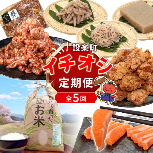 [全5回 定期便] 設楽町 イチオシ★定期便 バラエティ セットお肉 サーモン お米 こんにゃく カルビ 唐揚げ 牛肉 肉 米 簡単調理 愛知県 設楽町-303
