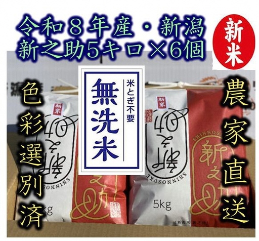 【令和8年産新米】整粒率95％の1等米！！ 阿賀野市産「新之助」無洗米 30kg（5kg×6袋） 中島農場 精米 新潟県 米 こめ コメ お米 ごはん ご飯 農家直送 色彩選別済 新米 新米予約 令和8年産 9月下旬より順次発送 3R15094