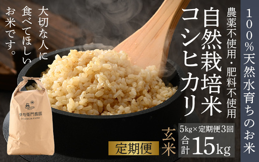 [先行予約][令和8年産][定期便3回]伊与衛門農園の自然栽培コシヒカリ玄米 5kg×3回 [温度と湿度を常時管理し新鮮米を出荷!]/ 米 自然の力 高品質 鮮度抜群 ブランド 福井県あわら市産 スマート農業 ※2026年10月下旬以降順次発送 [aw071-e003]
