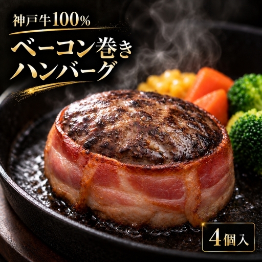 ハンバーグ 神戸牛 100% ベーコン巻き 生ハンバーグ 4個入 最短4日以内発送