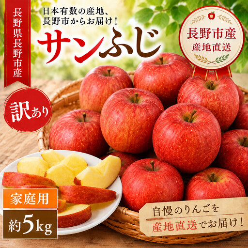 [2026年先行予約]長野市産 サンふじ 訳あり りんご 5kg|信州りんごの名産地からお届け|家庭用・不揃い・傷ありでも甘さ抜群|信州りんごの本場からお届け|家庭用・規格外|[2026年12月から発送予定]