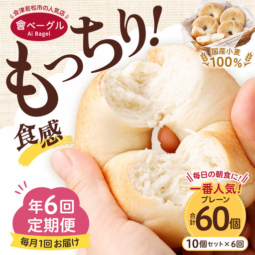 【 年6回定期便1ヶ月毎 】 毎日の朝食に！会津発 ・ 職人手作りのもっちりプレーンベーグル10個セット ベーグル 手作り パン ベーグル専門店 食品添加物不使用 冷凍ストック ストック