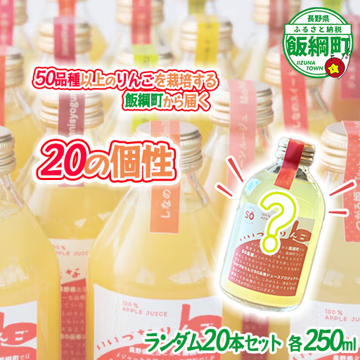 ミステリーりんごジュース 信州 飯綱産りんごジュース[ 品種おまかせ ] 250ml × 20本 いいづなりんご50品種 泉が丘喫茶室 飲料 果汁飲料 りんご リンゴ 林檎 ジュース 100% ストレート 50 いいづなコネクト EAST 長野県 飯綱町 [2152]