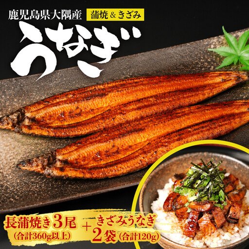 【緊急支援品】鹿児島県大隅産　千歳鰻の長蒲焼3尾計360g以上＋きざみうなぎ2袋