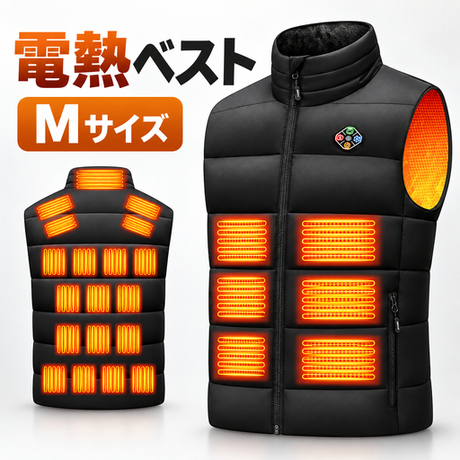 電熱ベスト 加熱ベスト ブラック Mサイズ　25箇所全面発熱  6段階温度調整 USB DC給電 7.4V