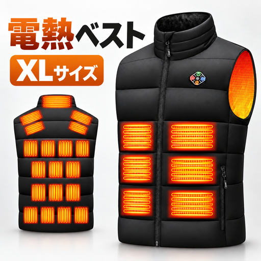 電熱ベスト 加熱ベスト ブラック XLサイズ　25箇所全面発熱  6段階温度調整 USB DC給電 7.4V