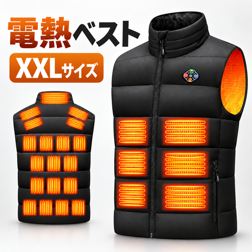 電熱ベスト 加熱ベスト ブラック XXLサイズ　25箇所全面発熱  6段階温度調整 USB DC給電 7.4V