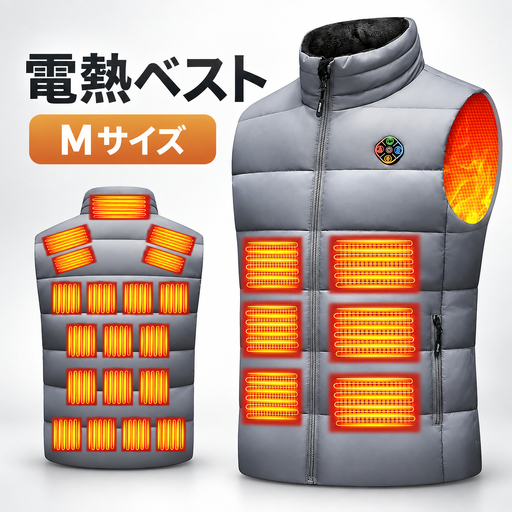 電熱ベスト 加熱ベスト　グレー Mサイズ　25箇所全面発熱  6段階温度調整 USB DC給電 7.4V