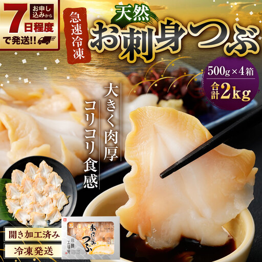 【 7日程度で発送 】 お刺身 つぶ 2kg (（ 500g × 4P ） つぶ貝 刺身 スライス 貝類 貝 海鮮 魚介類 海産物 寿司 寿司ネタ バター焼き フライ 海鮮丼 大きい 肉厚 コリコリ 冷凍