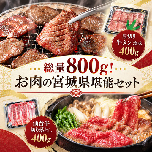 総量800g！ お肉の宮城県堪能セット (厚切り 牛タン 塩味 400g ＆ 仙台牛 切り落とし 400g) 焼肉 大河原町