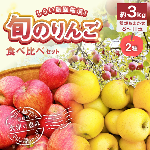 【 会津の恵み 】 しらい農園厳選！ 旬のりんご 2種食べ比べセット 約3kg （ 8 ～ 11玉 ） 産地直送でお届け 果物 フルーツ 果実 果汁 果肉 国産 福島県産 詰め合わせ 秋映 シナノゴールド ジョナゴールド 王林 光徳 早生ふじ サンふじ 紅こはく 【 2026年10月上旬から11月上旬発送予定 】