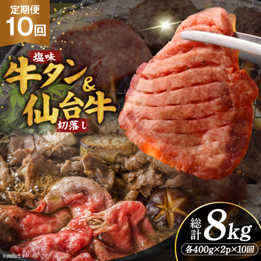 定期便 10回 牛タン 牛肉 お肉の宮城県堪能セット 厚切り牛タン 塩味・仙台牛 切り落とし 各 400g