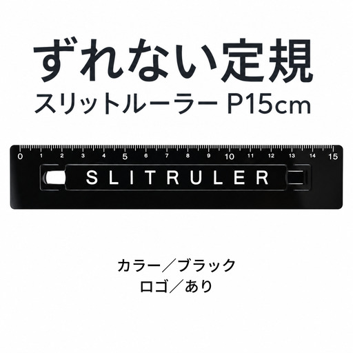 ずれない定規 スリットルーラーP15cm ロゴ有ブラック 定規 文房具
