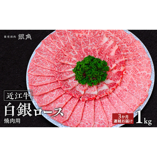 【近江牛】【定期便】白銀ロース　焼肉用　1kg（500g×2）3か月連続お届け　牛肉 お肉 国産 和牛 近江牛 滋賀県 米原市 ※初回は12月