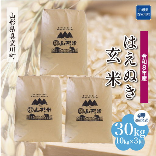 ＜令和8年産＞  はえぬき 【玄米】30kg 定期便 (10kg×3回） 山形県真室川町 　お申し込み完了後２週間程度で発送　◆RR8H3010M-G9999