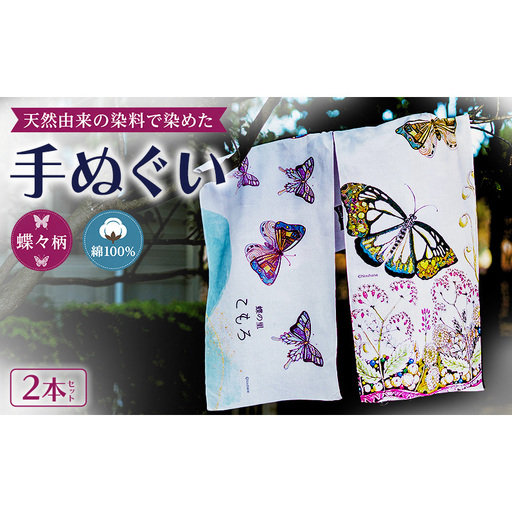 【農花第2弾】　天然由来の染料で染めた手ぬぐい2本セット 【蝶々柄】　手拭い　おしゃれ　てぬぐい　綿　信州　長野県　小諸市