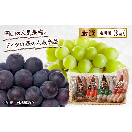 定期便 2027年 先行予約 岡山の人気果物とドイツの森の人気商品 厳選 3回コース ぶどう ニューピオーネ シャインマスカット 晴王 ソーセージ 赤磐市