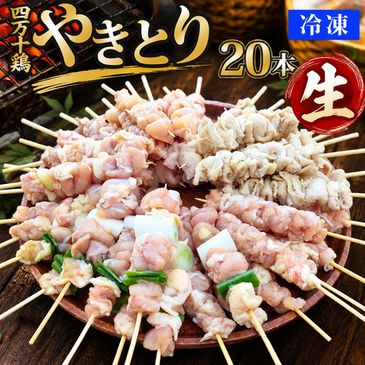 【ふるさと納税】【生・冷凍】四万十鶏のやきとり 計20本 国産鶏 焼き鳥 焼鳥串 5種（せせり もも にんにくま ねぎま かわ 各1本）5本1袋 ×4パック 銘柄鶏 タレ・塩付 BBQ 焼いてない ソロキャン 串もの ヤキトリ 日鶏 hidori