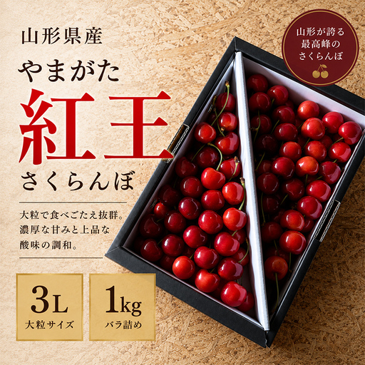 [2027年先行予約]やまがた紅王 秀品 1kg 3Lサイズ バラ詰め ○大ぶりさくらんぼ○