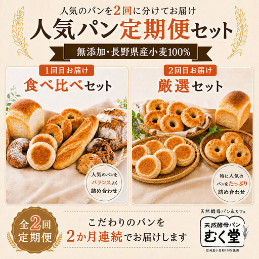 【毎月定期便】天然酵母パン&カフェ むく堂 人気パン食べ比べ&厳選セット 無添加・信州産小麦 100% 詰め合わせ 全2回