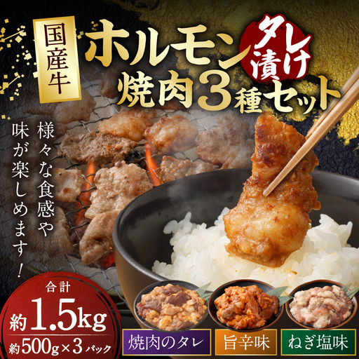 国産牛 ホルモン タレ漬け 焼肉 3種セット 約500g × 3パック 合計1.5kg 牛肉 お肉 肉 牛 真空パック 小分け おかず おつまみ 晩酌 酒の肴 バーベキュー BBQ 焼肉のタレ 旨辛味 ねぎ塩味 冷凍