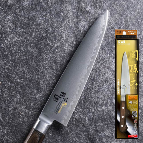 ＜湿式砥石を使用した本格刃付＞ ◇貝印 関孫六 木蓮 ぺティ 120mm （本通し・一体口金・ステンレス三層鋼） 