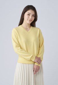 日本製 カシミヤ100% レディース Vネック イエロー Lサイズ [2563]