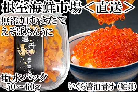 根室海鮮市場[直送]無添加エゾバフンウニ塩水パック(赤系)50～60g×1P、いくら醤油漬け70g×1P A-28188