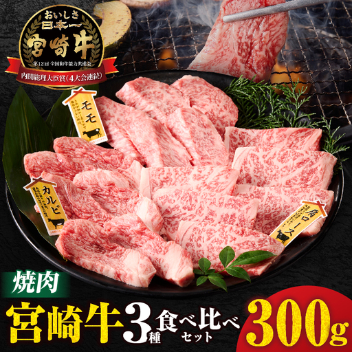 宮崎牛『焼肉』3種食べ比べセット(合計300g)肉 牛 牛肉 おかず 国産_T009-035