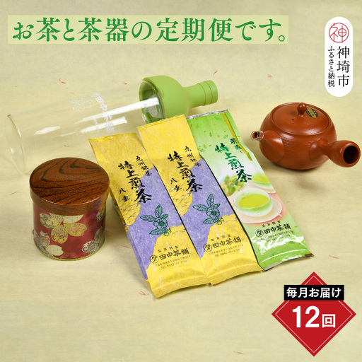 [毎月お届け12回]特上煎茶八重100g2本と季節の茶100g1本(急須付き)(H047124)