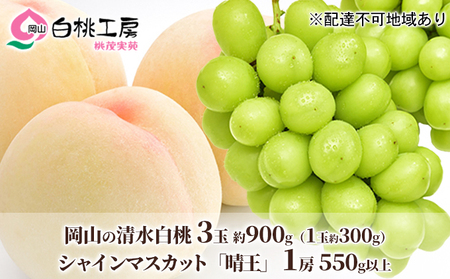 桃 ぶどう 詰合せ 先行予約 清水白桃 3玉合計 約900g シャインマスカット 晴王 1房 550g以上 桃 ぶどう