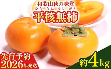 【2026年先行予約】和歌山秋の味覚 平核無柿（ひらたねなしがき） 約4kg 化粧箱入 ｜ 柿