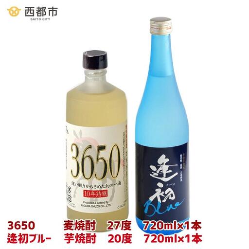 西都市の二大焼酎蔵の熟成焼酎2本セット　芋焼酎「逢初ブルー」麦焼酎「3650」＜7-18a＞