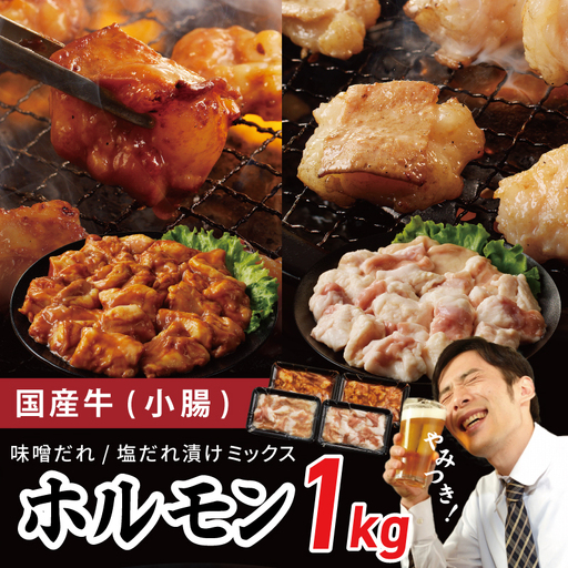 国産 牛肉 ホルモン 1kg 味付けMIX 味噌／塩だれ 焼肉用 小分け 250g×4P