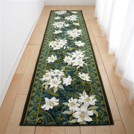 日本製 廊下カーペット 80cm×180cm 【ユリ柄】 滑り止め加工 (グリーン)【1264359】