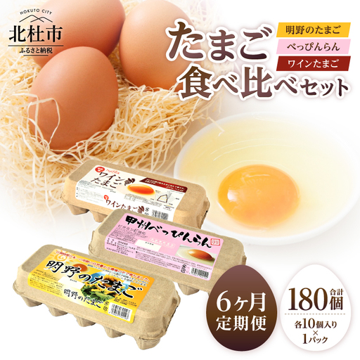 【6ヶ月定期便】明野のたまご+べっぴんらん+ワインたまご 食べ比べセット 　たまご 食べ比べ 卵 鶏卵 3種類 セット 各10個 6ヶ月 定期便 新鮮 コク 旨味 濃厚 ポリフェノール ビタミンＥ 山梨県 北杜市産 ハイチック [h081]