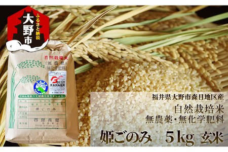 [令和7年産]ベストファーマー 自然栽培農家「四郎兵衛」の お米 姫ごのみ 5kg 玄米 無農薬 無肥料 無除草剤 による 自然栽培米 [B-030008]
