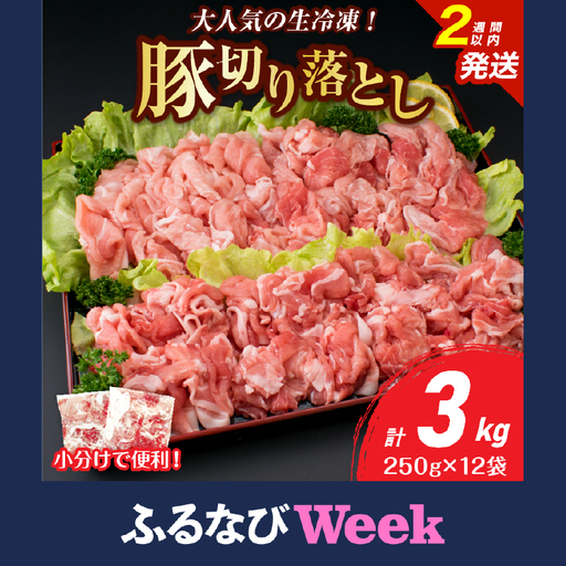 【ふるなびWEEK対象】大人気 生冷凍 厳選 豚切り落とし 計3kg_BD127-26-2W