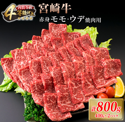 宮崎牛 赤身 モモ ウデ 焼肉 セット 計800g 牛肉 ビーフ 黒毛和牛 国産 ブランド牛 赤身肉 おすすめ おもてなし BBQ バーベキュー グランピング 鉄板焼き ご褒美 お祝い 記念日 詰め合わせ お取り寄せ グルメ 4等級以上 A4ランク以上 宮崎県 日南市 送料無料_DC28-25