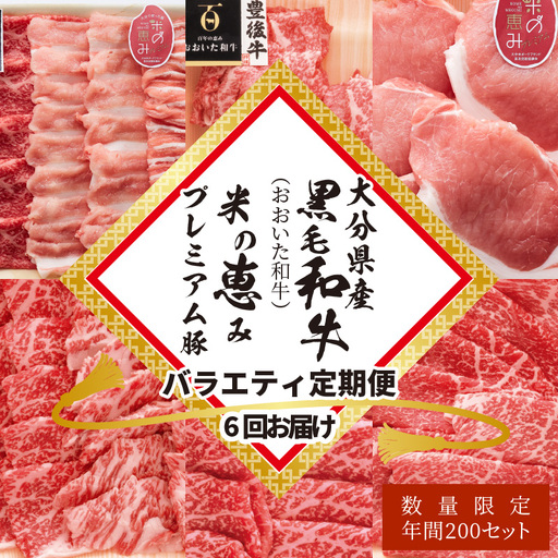 [定期便]大分県産黒毛和牛(おおいた和牛)・米の恵みプレミアム豚 バラエティ定期便 毎月6回お届け