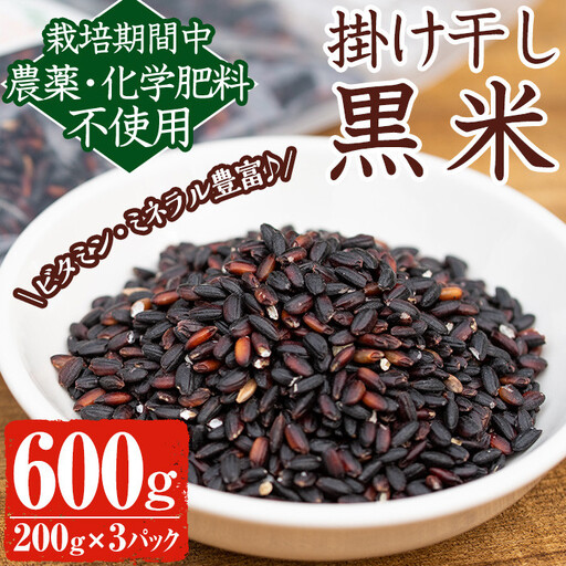 《栽培期間中農薬化学肥料不使用》掛け干し黒米(計600g・200g×3パック) 国産 九州産 鹿児島産 湧水町産 黒米 お米 米 おこめ 600g 化学肥料不使用 農薬不使用 有機 有機農業 有機肥料【雲月農園】_y172