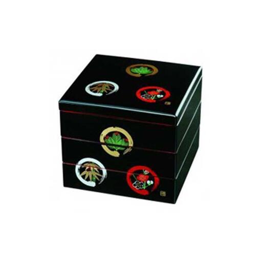 紀州漆器 三段重箱 黒 丸に松竹梅（内朱塗） ［YS19］