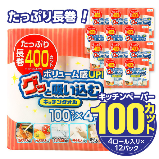 キッチンペーパー グッと吸い込むキッチンタオル100カット（4ロール×12パック） R14030