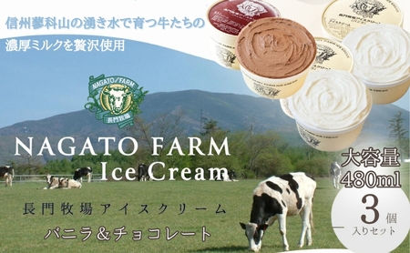 長門牧場アイスクリーム大容量3個セットB-2　贅沢480mlバニラ2個チョコレート1個　人気スイーツ　濃厚ミルク　直送　牛乳　生乳　国産　夏ギフト　長野県　贈答品　お土産　お中元　お歳暮　クリスマス