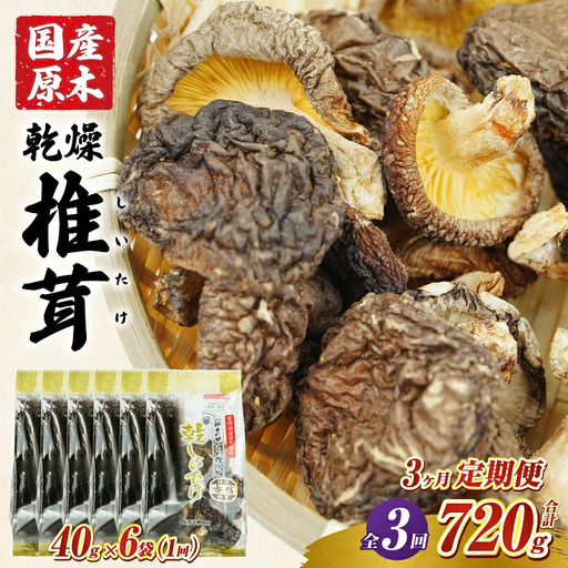 【3ヶ月定期便】 乾燥しいたけ 240g（40g×6袋）×3回 720g しいたけ 定期便 定期 定期的 国産 宮崎県産 原木 栽培 乾燥 干し椎茸 原木椎茸 国産しいたけ 小分け 袋 小袋 普段使い 使い勝手 使い切り 肉厚 旨み 香り グルメ お取り寄せ 宮崎県 高千穂町 _Tk004-t042