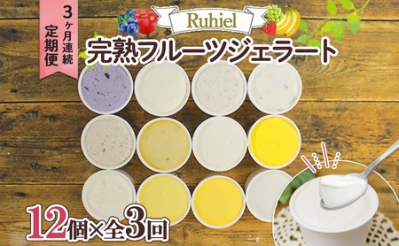 北海道 定期便 3ヶ月連続全3回 Ruhiel 完熟フルーツジェラート 12個 計36個 アイス 詰め合わせ ジェラート 手作り デザート お取り寄せ ギフト 倶知安町 送料無料 [ 倶知安町 ]
